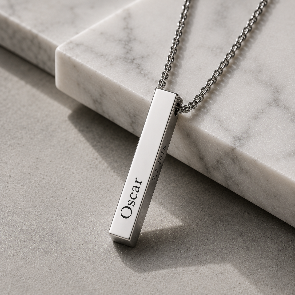 Personalised Silver Men's Stainless Steel Bar Necklace, Custom Engraved Vertical Pendant