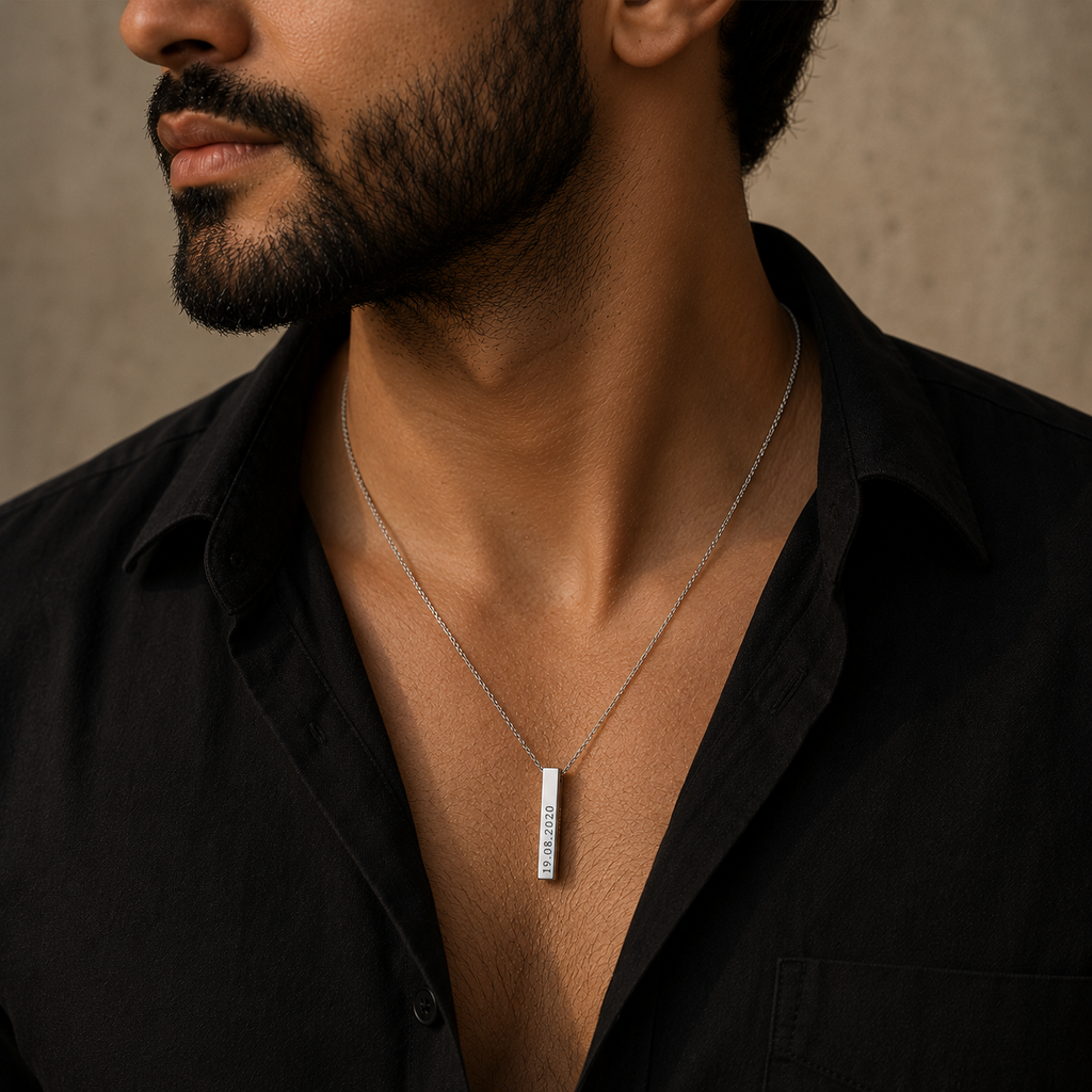 Personalised Silver Men's Stainless Steel Bar Necklace, Custom Engraved Vertical Pendant
