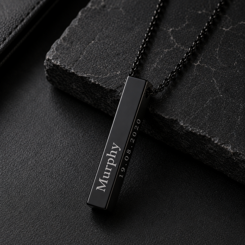 Personalised Men's Stainless Steel Bar Necklace, Custom Engraved Vertical Pendant