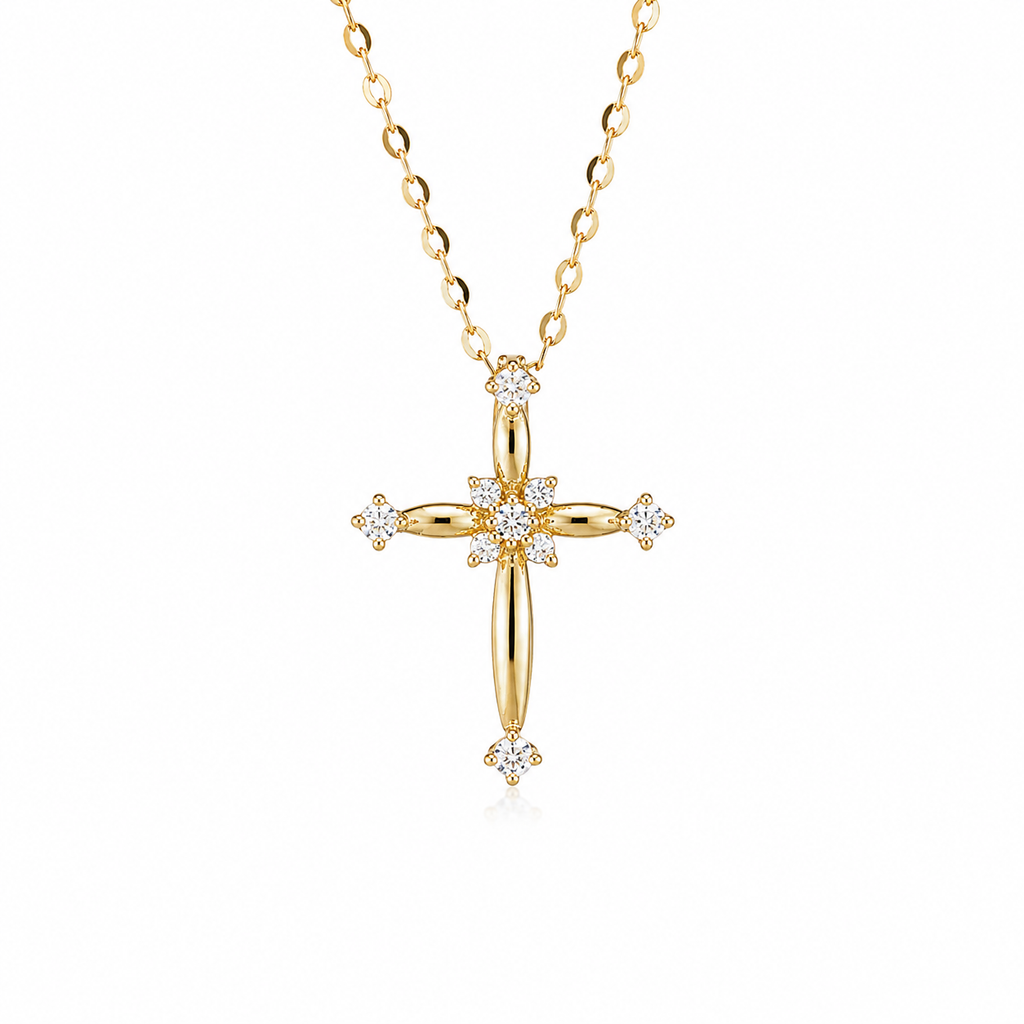 Dainty Crystal Cross Necklace, 925 Sterling Silver & 14K Gold Coated