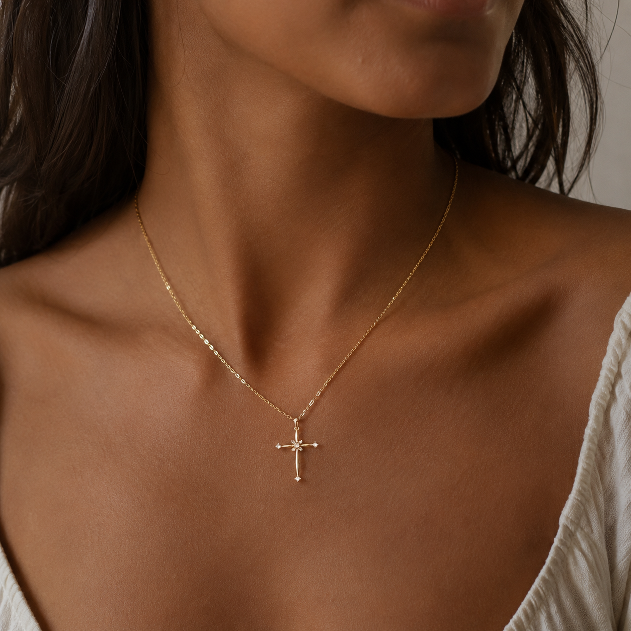 Dainty Crystal Cross Necklace, 925 Sterling Silver & 14K Gold Coated