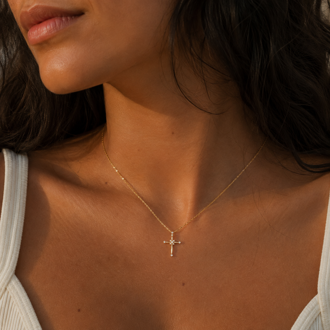 Dainty Crystal Cross Necklace, 925 Sterling Silver & 14K Gold Coated