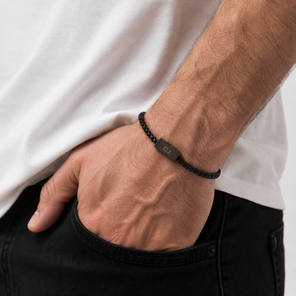 Personalised 4-Sided Engraved Black Bar Bracelet