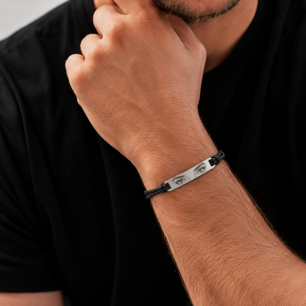 Personalised Cord Adjustable Stainless Steel Engraved Cuff Bracelet for Men