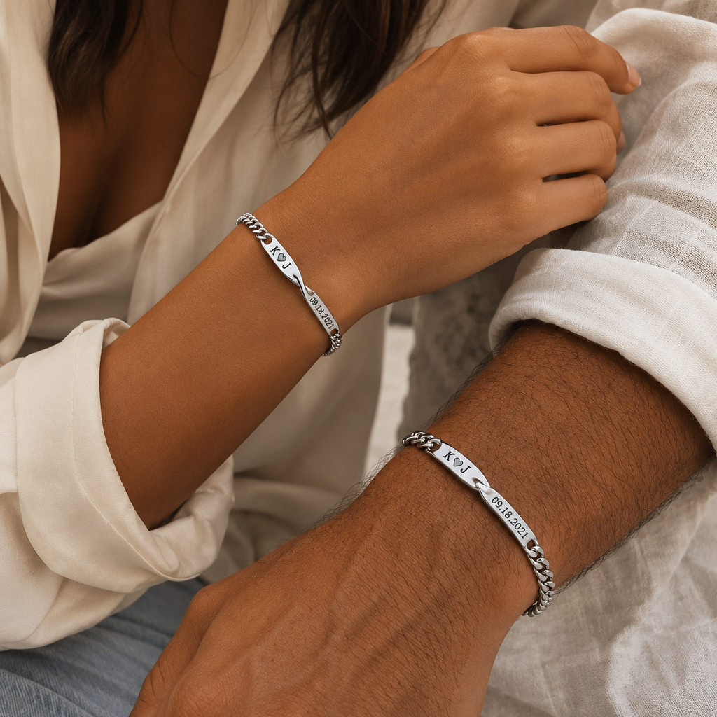 Personalised Couple Bracelet Set Matching Engraved Bracelets for Him & Her Twisted Stainless Steel Gift