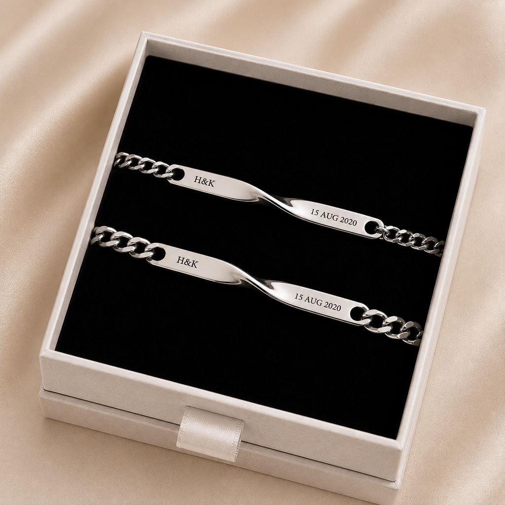 Personalised Couple Bracelet Set Matching Engraved Bracelets for Him & Her Twisted Stainless Steel Gift