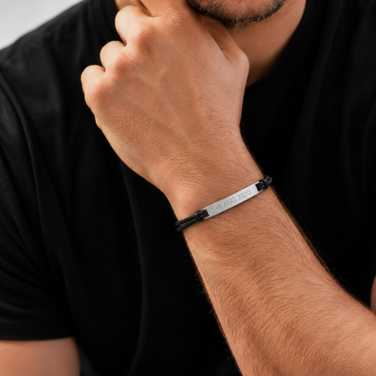 Personalised Cord Adjustable Stainless Steel Engraved Cuff Bracelet for Men