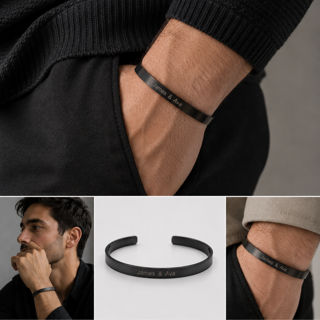 Personalised Black Adjustable Stainless Steel Engraved Cuff Bracelet for Men