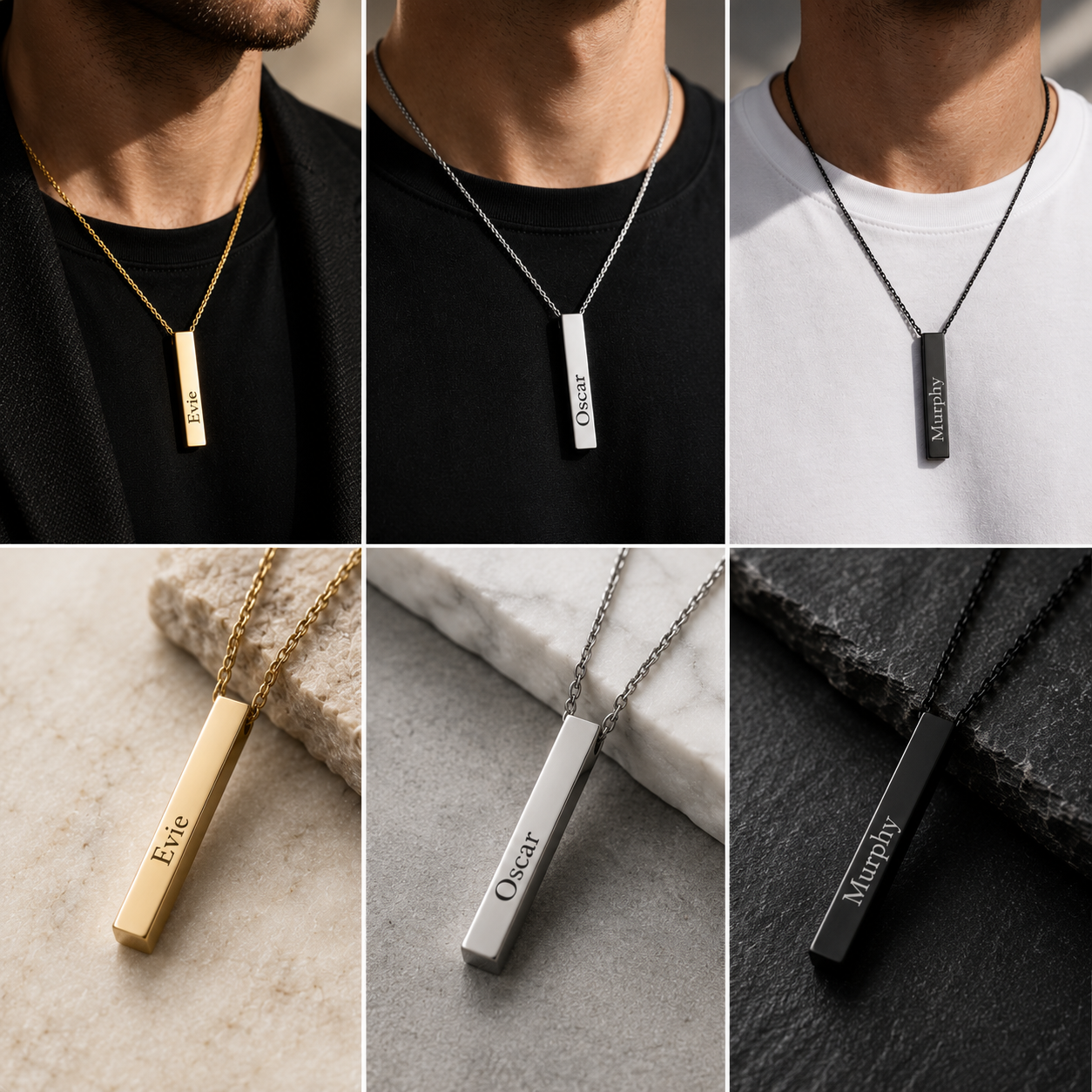 Personalised Silver Men's Stainless Steel Bar Necklace, Custom Engraved Vertical Pendant