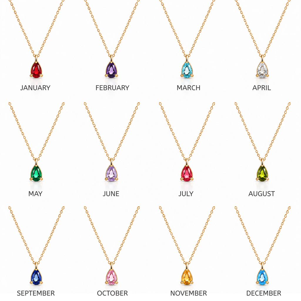 Personalised Birthstone Necklace – 18K Gold Plated Teardrop Pendant